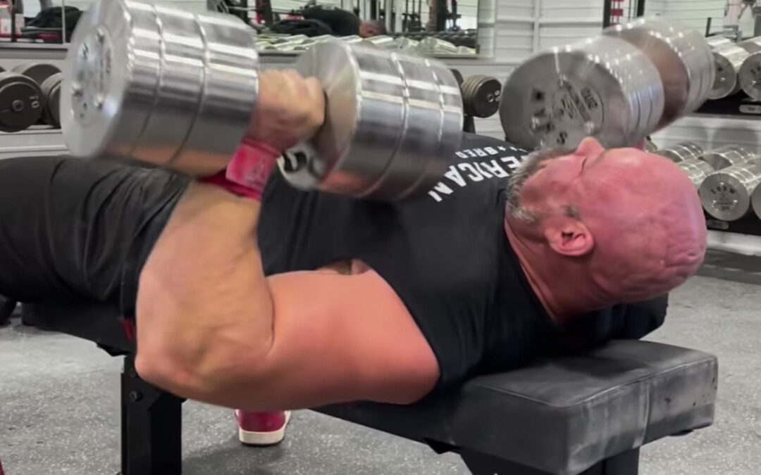 Brian Shaw Benches 91-Kilogram (200-Pound) Dumbbells for 5 Fast Reps Before His Final Strongman Contest – Breaking Muscle